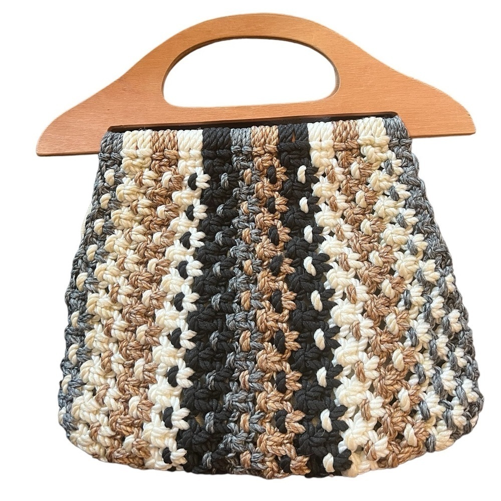Handmade Vintage 70s Macrame Small Handbag Black, Brown, White, Gray, Wo…